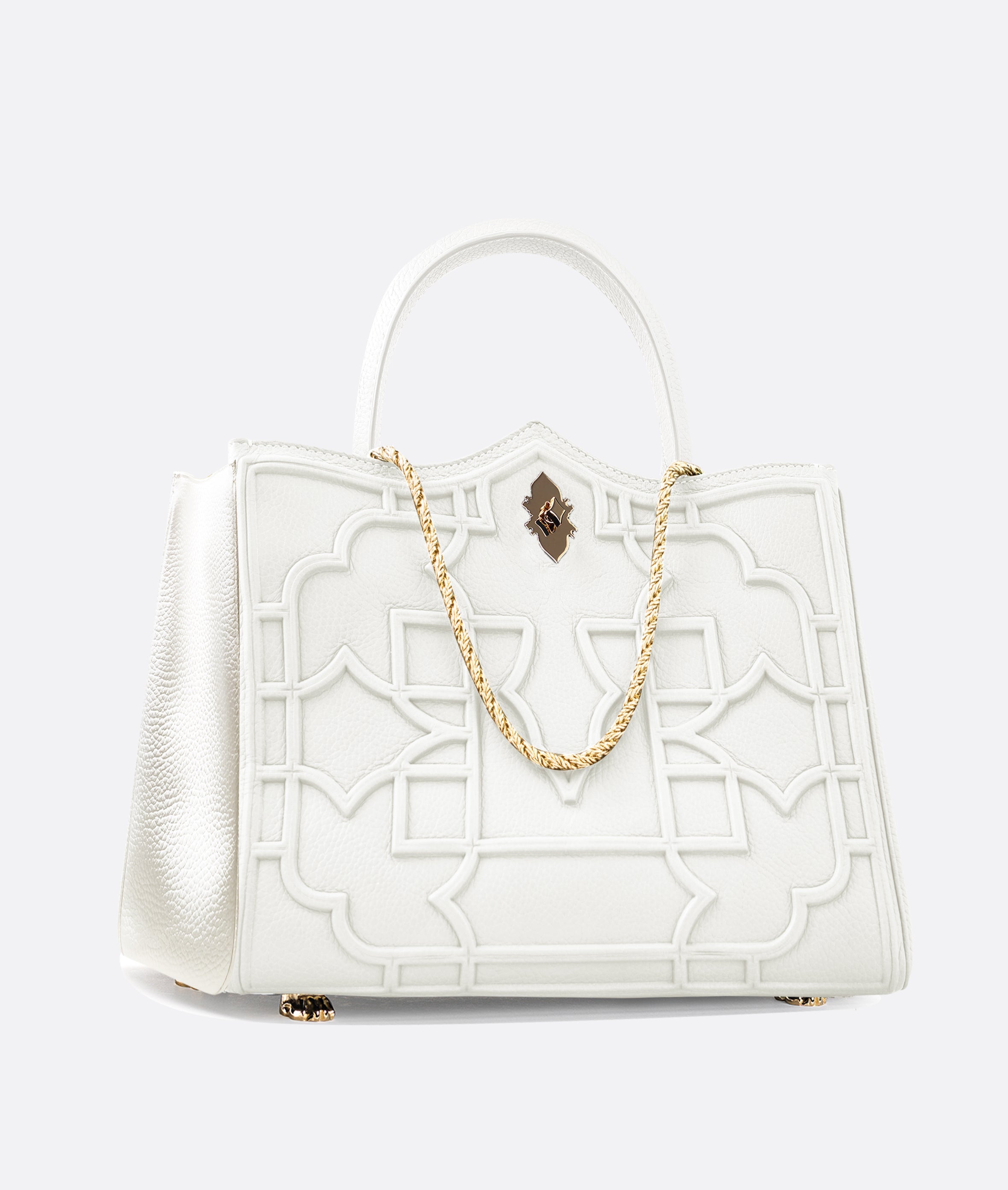 Large Affresco handbag by Della Luna, handcrafted in Venice from natural grain calfskin leather with 18k gold-plated lion-paw hardware and signature Leone e Stella closure