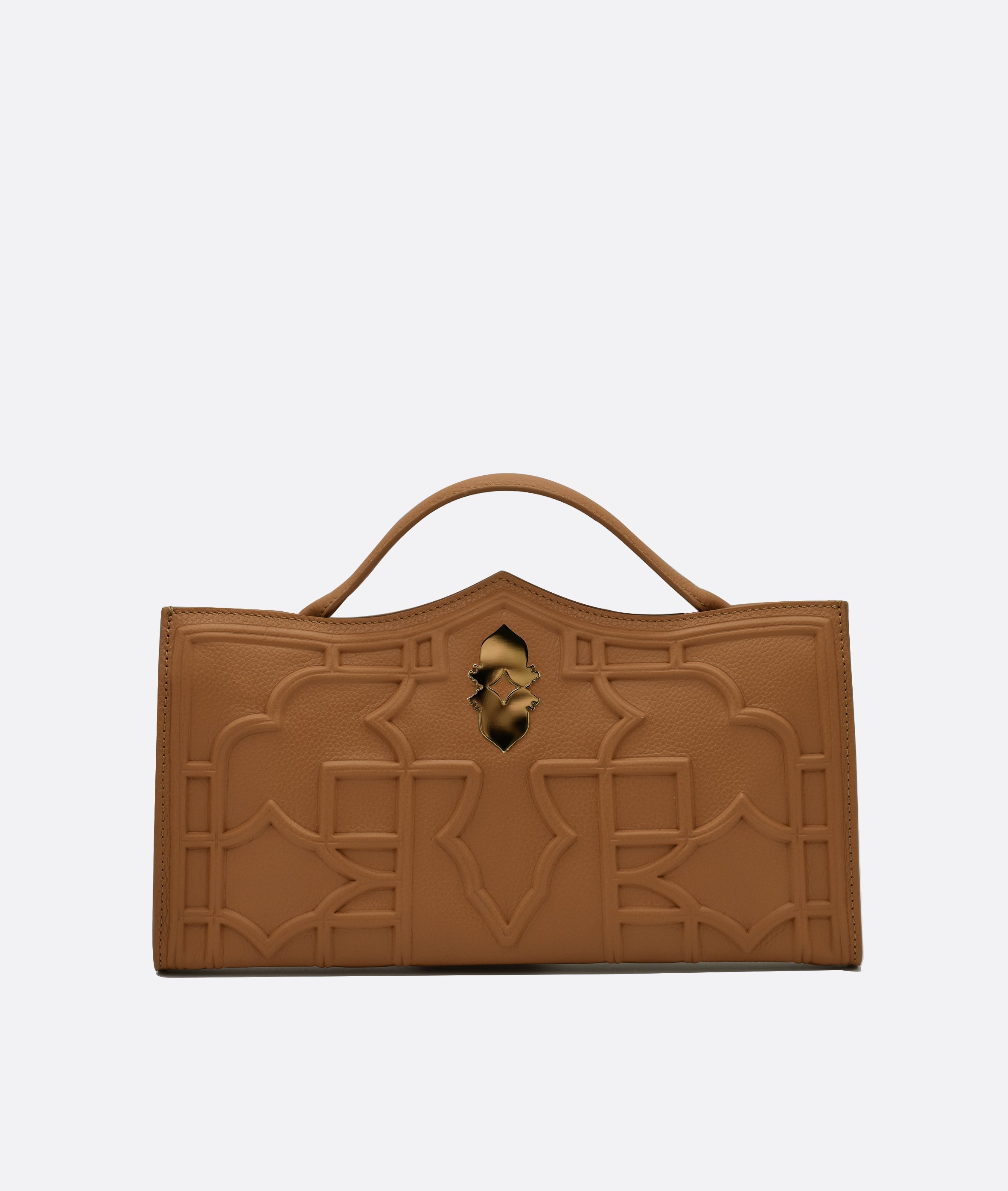 Verna clutch bag in premium calfskin leather, handcrafted in Venice. Features 18k gold-plated 'Leone e Stella' logo and embossed geometric pattern inspired by Venetian architecture.